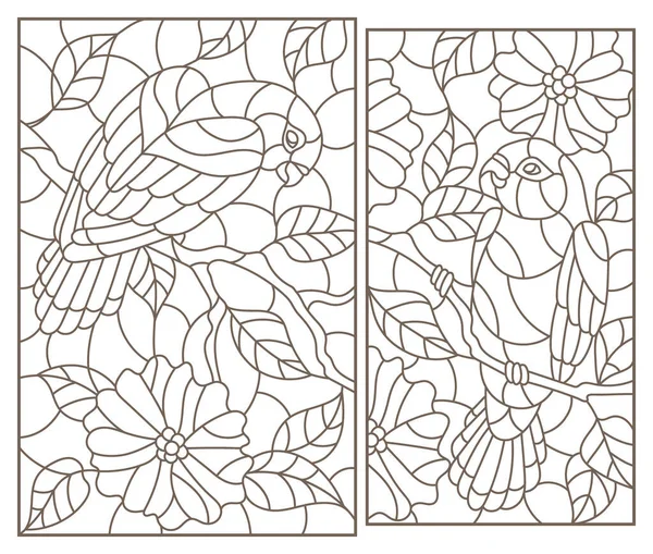 色彩斑斓的玻璃窗与鹦鹉和花朵的一组轮廓图 白色背景上的深色轮廓 — 图库矢量图片