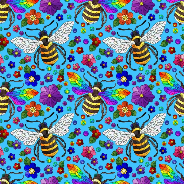 Seamless Illustration Bright Bees Flowers Insects Flowers Blue Background — Stockvektor