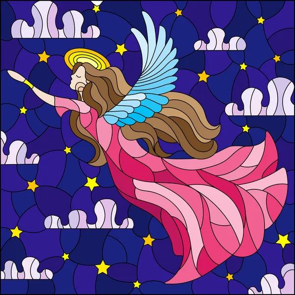 Иллюстрация Стиле Витража Ангельской Девушкой Розовом Платье Фоне Звездного Ночного — стоковый вектор