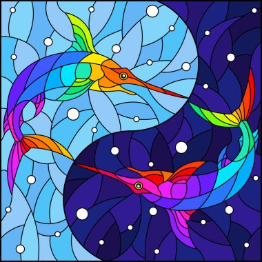 Su ve hava kabarcıklarının arka planında iki kılıçbalığı bulunan boyalı cam tarzı bir resim, kare kare resim.