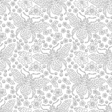 Hatları ve çiçekleri olan kusursuz bir illüstrasyon. Beyaz arka planda kara hatlar, böcekler ve çiçekler.
