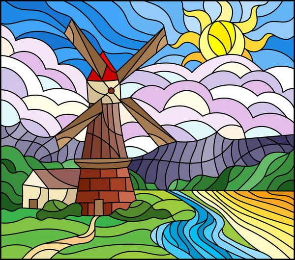 Eine Illustration Stil Eines Glasfensters Mit Einer Landschaft Einer Mühle — Stockvektor