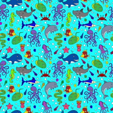 Deniz canlıları ile dikişsiz desen, mavi arka plan üzerinde komik karikatür hayvanlar