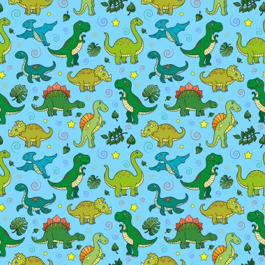 Renkli dinozorlar ve yapraklarla kusursuz desen, mavi arka plandaki hayvanlar.