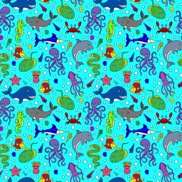 无缝模式与海洋生物 有趣的卡通动物在蓝色背景 — 图库矢量图片