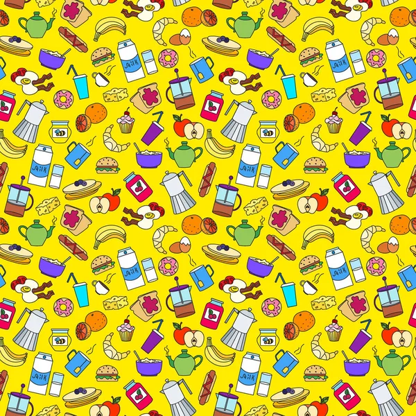 Seamless pattern on Breakfast and food theme, simple color icons on a yellow background