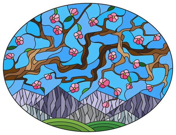 Illustration Stil Eines Buntglasfensters Mit Einer Landschaft Sakura Zweigen Vor — Stockvektor