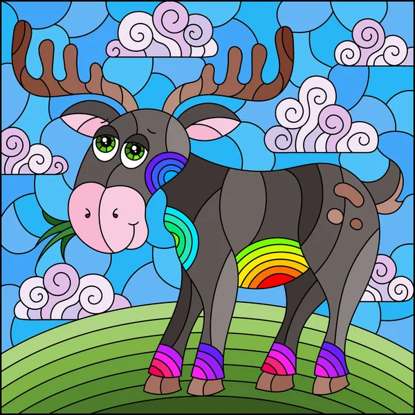 Illustration Style Stained Glass Window Cute Cartoon Moose Background Green — стоковый вектор