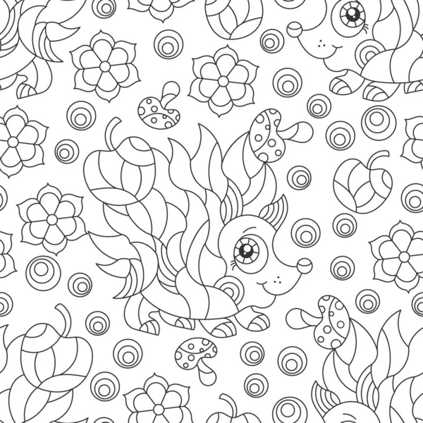 白い背景の上にかわいいダークコンターの漫画ハリネズミ アウトライン動物や花とシームレスなパターン ストックイラスト