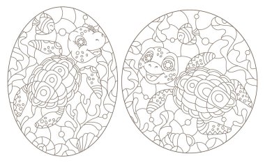 Deniz günü arka planında kaplumbağalar olan boyalı cam pencere tarzında bir dizi çizim, beyaz arka planda koyu çizgiler.