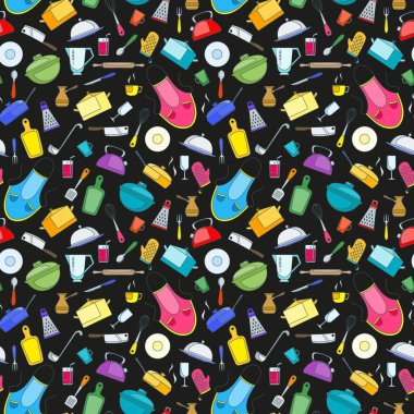 Yemek pişirme ve mutfak aletleri temasında pürüzsüz desen, koyu arkaplanda basit boyalı simgeler