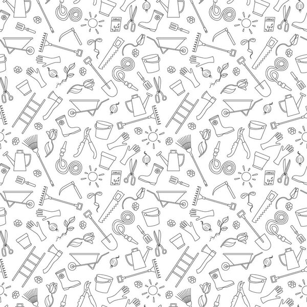Seamless pattern on the theme of the garden , planting and growing harvest, a simple contour icons , black contour on white background