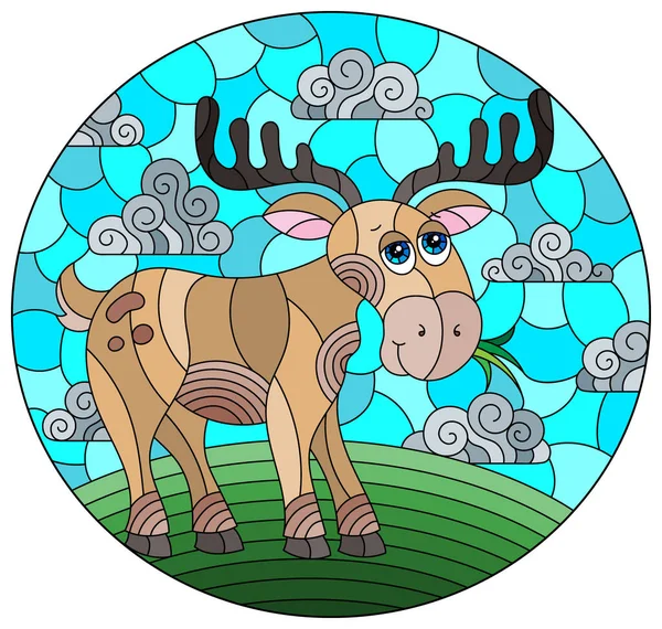 Illustration Style Stained Glass Window Cute Cartoon Moose Background Green — Wektor stockowy