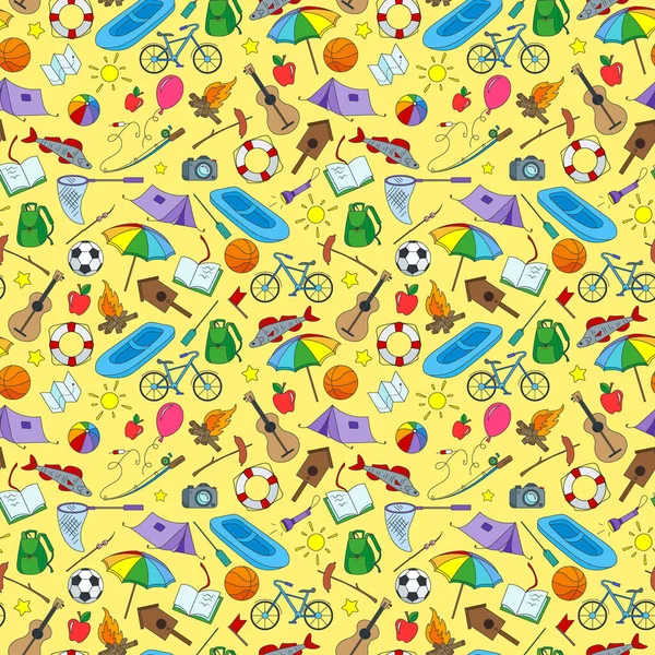 Seamless Pattern Theme Summer Camp Vacation Simple Icons Yellow Background — Vettoriale Stock