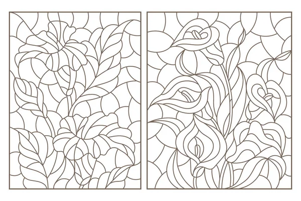 Ensemble Illustrations Contour Dans Style Vitrail Avec Des Bouquets Fleurs Graphismes Vectoriels