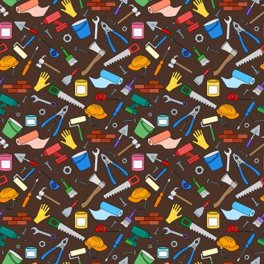 Seamless background on the topic of construction and repair , simple color icons on a brown background