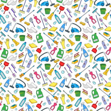 Temizlik ve ev ekipman ve temizlik ürünleri, beyaz arka plan üzerinde renkli simgeler konulu seamless modeli