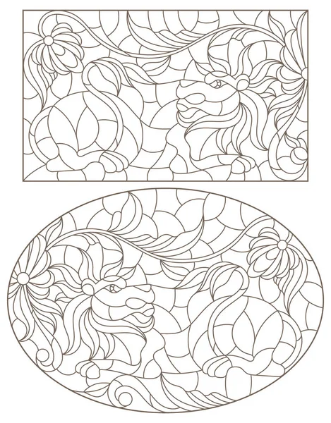 Conjunto Ilustraciones Contorno Estilo Vidrieras Con Leones Abstractos Flores Contornos — Archivo Imágenes Vectoriales