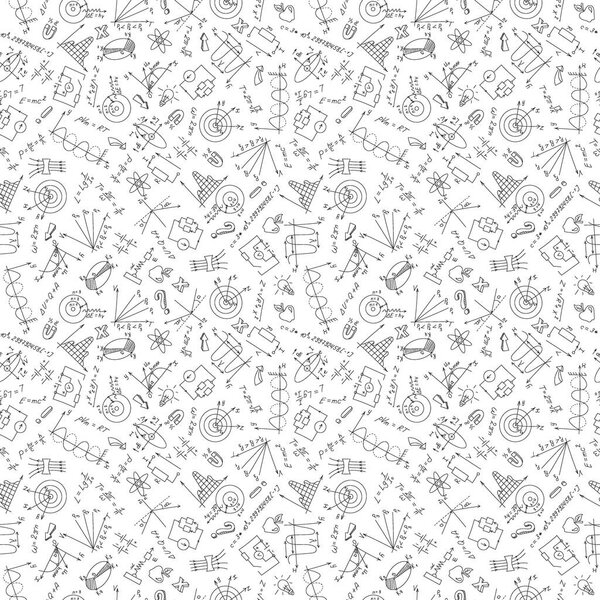 Seamless pattern with formulas,graphs, and equipment as the subject of physics,dark marker on white background