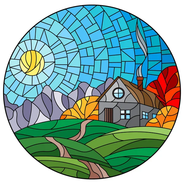 Illustration Stained Glass Style Landscape Lonely House Field Sun Sky — стоковый вектор