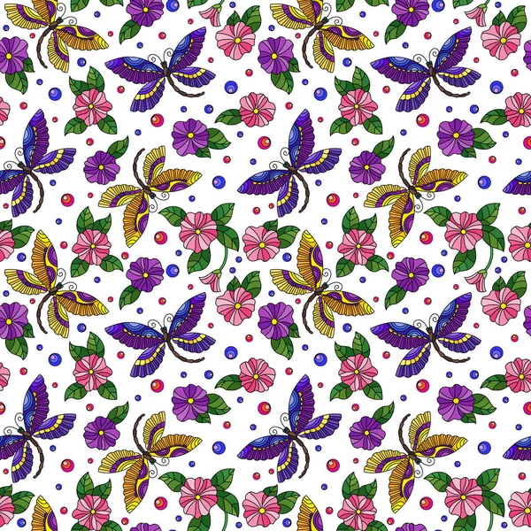 Nahtloses Muster Mit Bunten Libellen Und Blumen Auf Weißem Hintergrund — Stockvektor