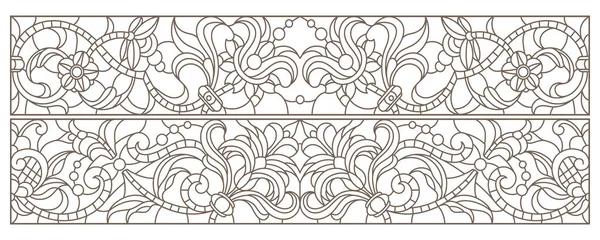 Nastavit Obrysové Ilustrace Barevného Skla Abstraktními Víry Květy Obdélníkové Obrazy — Stockový vektor