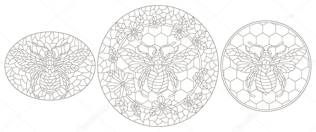 Set of contour illustrations in the style of stained glass with abstract bees, dark outlines on a white background