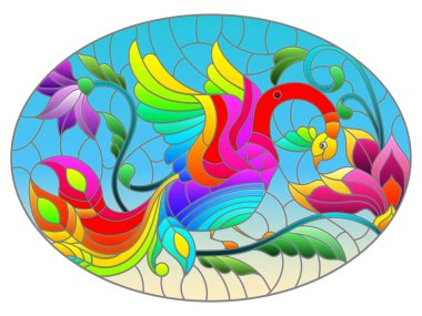 Yaprakların, çiçeklerin ve mavi gökyüzünün arka planında parlak soyut bir kuşla lekelenmiş cam çizimi, oval görüntü