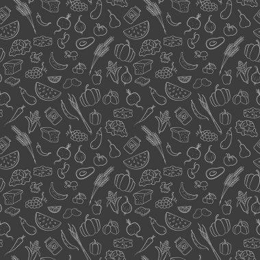Vejetaryenlik, bakkal simgeler, karanlık bir arka plan basit Anahat Beyaz simgeleri konulu seamless modeli