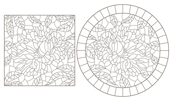 Soubor Obrysových Ilustrací Stylu Barevného Skla Abstraktními Pivoňkovými Květy Tmavé — Stockový vektor