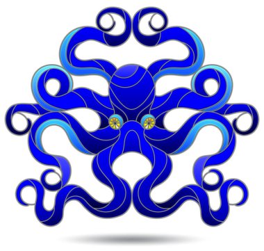 Beyaz arka planda izole edilmiş, parlak bir ahtapotu olan, vitray pencere tarzında bir resim.