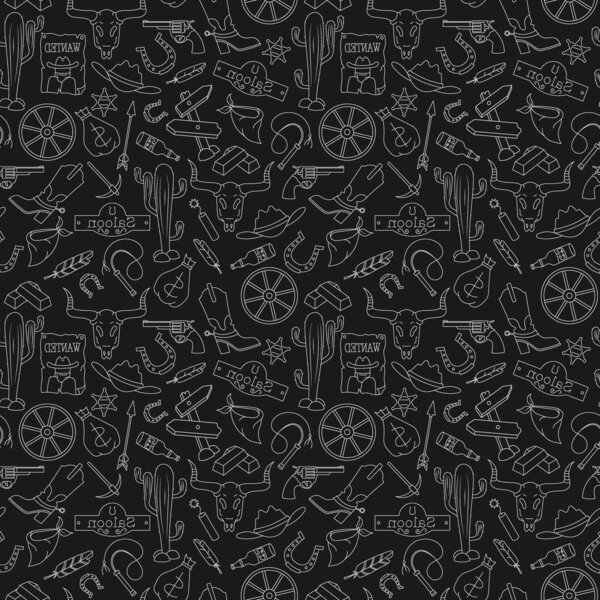 Seamless pattern on the theme of the wild West, contour icons, light contour on black  background