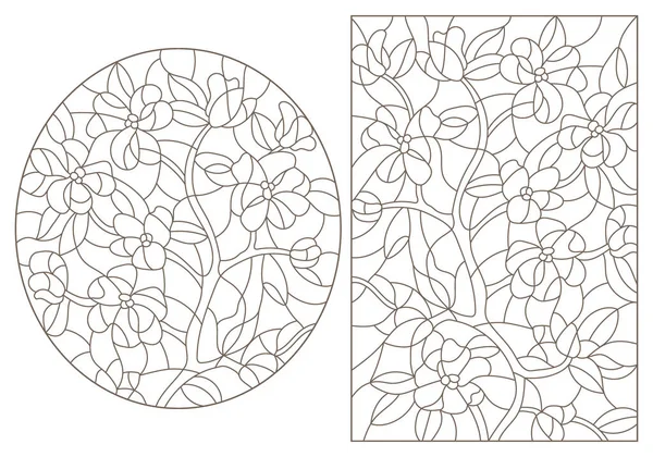 抽象的な花とステンドグラスのスタイルで輪郭線のイラストのセット 白い背景に暗い輪郭線 ロイヤリティフリーのストックイラスト
