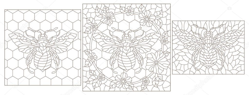Set of contour illustrations in the style of stained glass with abstract bees, dark outlines on a white background