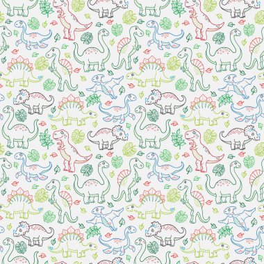 Dinozorlar ve yaprakları, konturlu hayvanlar üzerinde beyaz arka plan ile Seamless Modeli