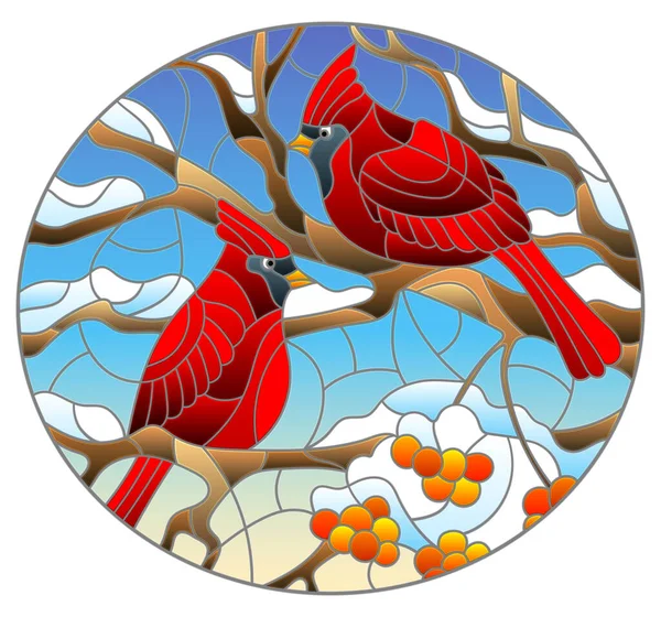 Ilustracja Stylu Witraża Jasnym Kardynalnym Ptaszkiem Ośnieżonych Gałęziach Drzewa Owalny — Wektor stockowy