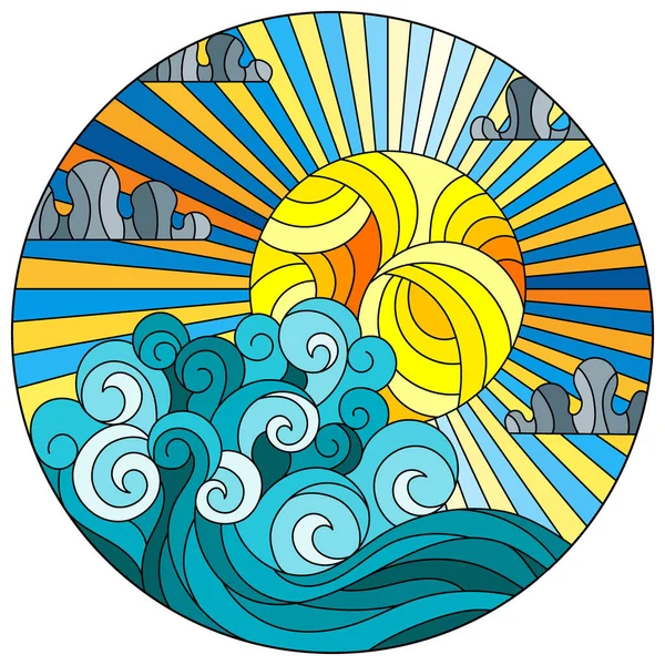 Eine Illustration Stil Eines Glasfensters Mit Einer Meereslandschaft Der Sonne Stockvektor