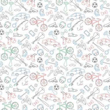 Erkek hobileri ve alışkanlıkları, basit konulu seamless modeli kontur simgeler beyaz arka plan üzerinde renkli