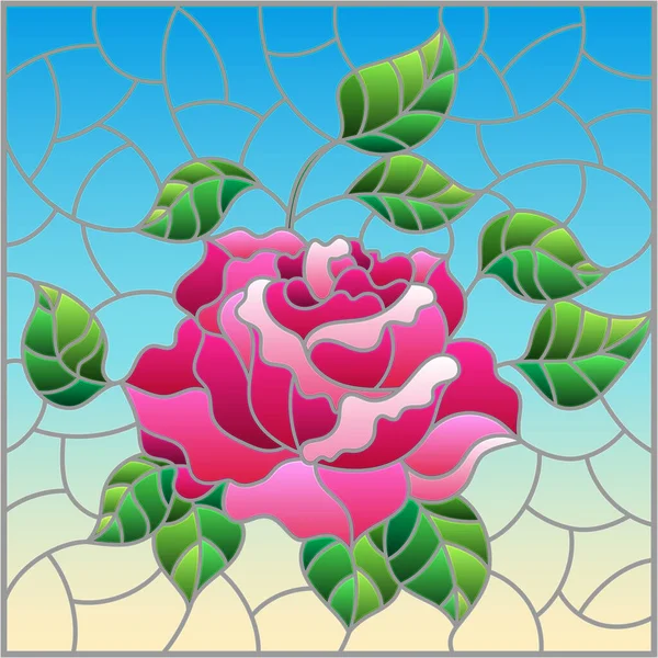 青地に鮮やかなピンク色のバラの花が描かれたステンドグラスのイラスト 長方形のイメージ — ストックベクタ