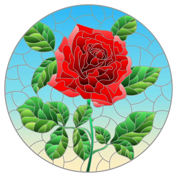 青地に鮮やかな赤いバラの花が描かれたステンドグラスのイラスト 楕円形のイメージ — ストックベクタ