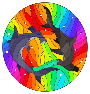 Gökkuşağı arka planında iki balık çekiçli mozaik resim, oval görüntü.