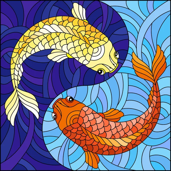 Ilustración Estilo Vitral Con Dos Peces Sobre Fondo Agua Forma — Vector de stock