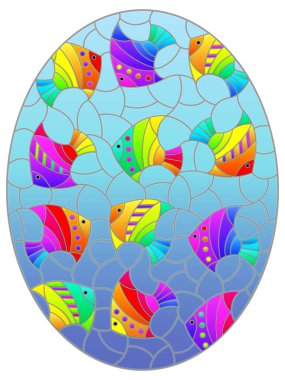 Mavi arka planda parlak gökkuşağı balığıyla lekelenmiş cam çizimi, oval resim