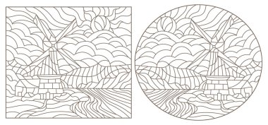 Yel değirmenli boyalı cam tarzında bir dizi çizim, beyaz arka planda koyu hatlar.