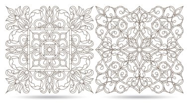 Beyaz arka planda izole edilmiş, çiçek motifli, boyalı cam tarzında bir dizi çizim.