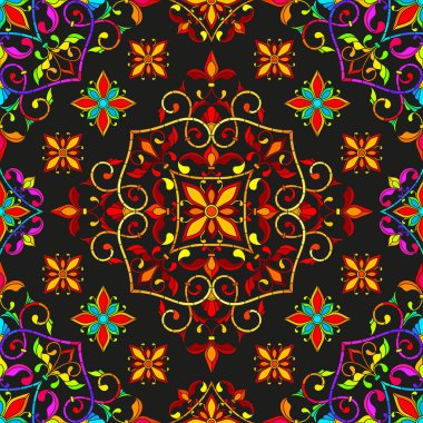 Siyah arka planda soyut desenleri ve çiçekleri olan kusursuz desen