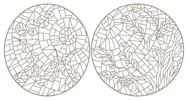 Gökyüzü zemininde meşe dalları, beyaz zemin üzerinde koyu hatlar olan boyalı cam tarzında bir dizi çizim.