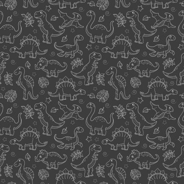 Dinozorlar ve yapraklarla kusursuz desen, karanlık arka planda ışık şekilli hayvanlar.