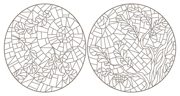 Gökyüzü zemininde meşe dalları, beyaz zemin üzerinde koyu hatlar olan boyalı cam tarzında bir dizi çizim.