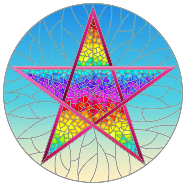 Ilustracja Stylu Witrażu Streszczenie Ryellow Pięcioramiennej Gwiazdy Niebieskim Tle Okrągły — Wektor stockowy